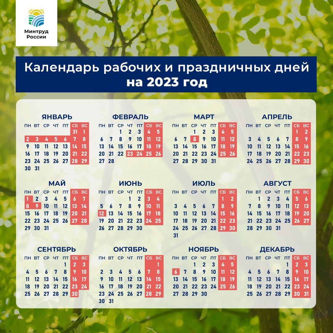 Календарь рабочих и праздничных дней на 2023 год